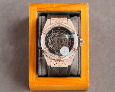 Copy Hublot Big Bang Sang Bleu Rose Gold Watch Black Dial Diamond Bezel 45MM